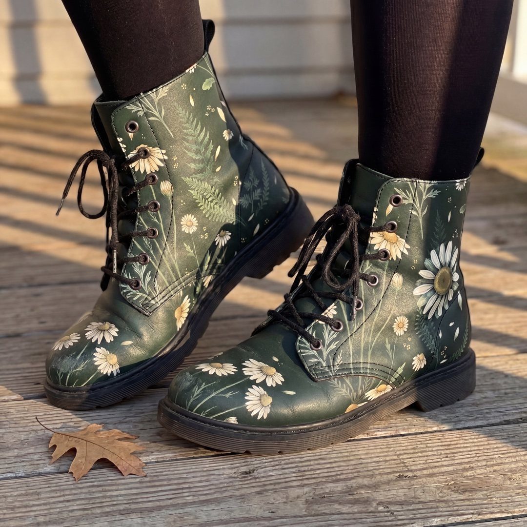 Green combat boots with white daisy and fern patterns worn with black tights on a wooden deck.