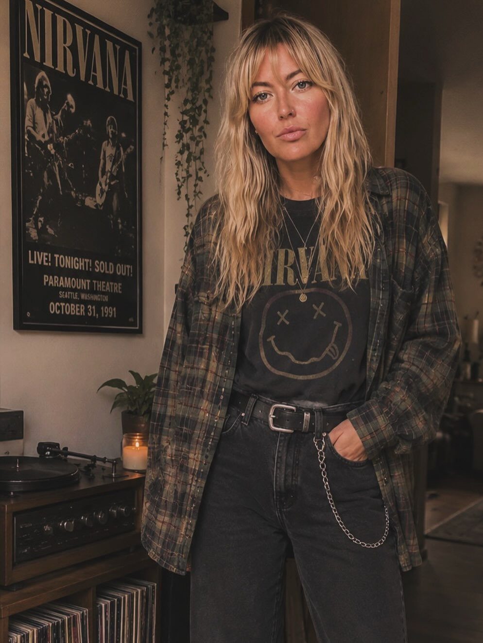 Woman wearing an oversized plaid flannel shirt, a graphic tee, and dark jeans.
