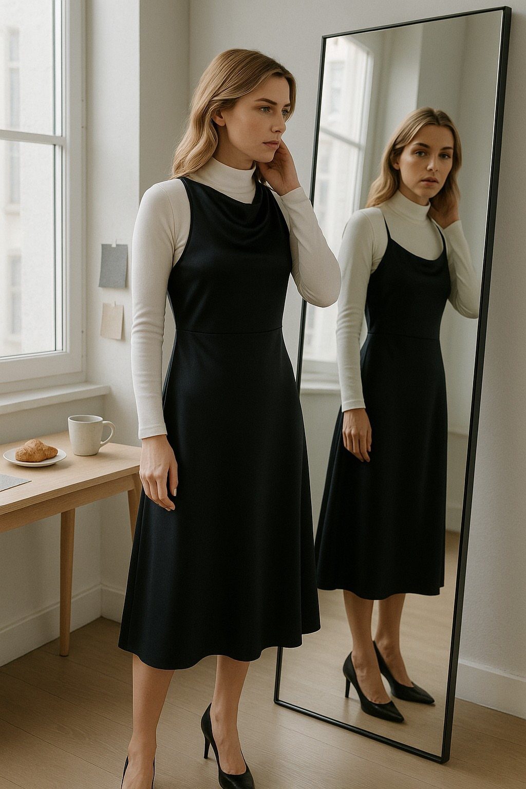 A woman wearing a black slip dress over a white turtleneck standing near a mirror.