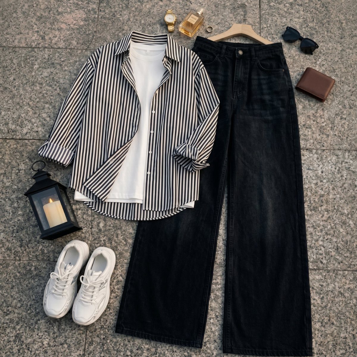 A flat lay of a striped shirt, white t-shirt, black wide-leg jeans, and white sneakers.