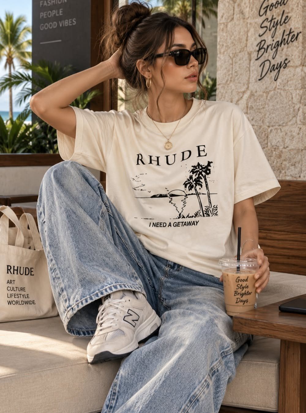 Woman in a cream graphic t-shirt and wide-leg jeans sitting outdoors with sunglasses.