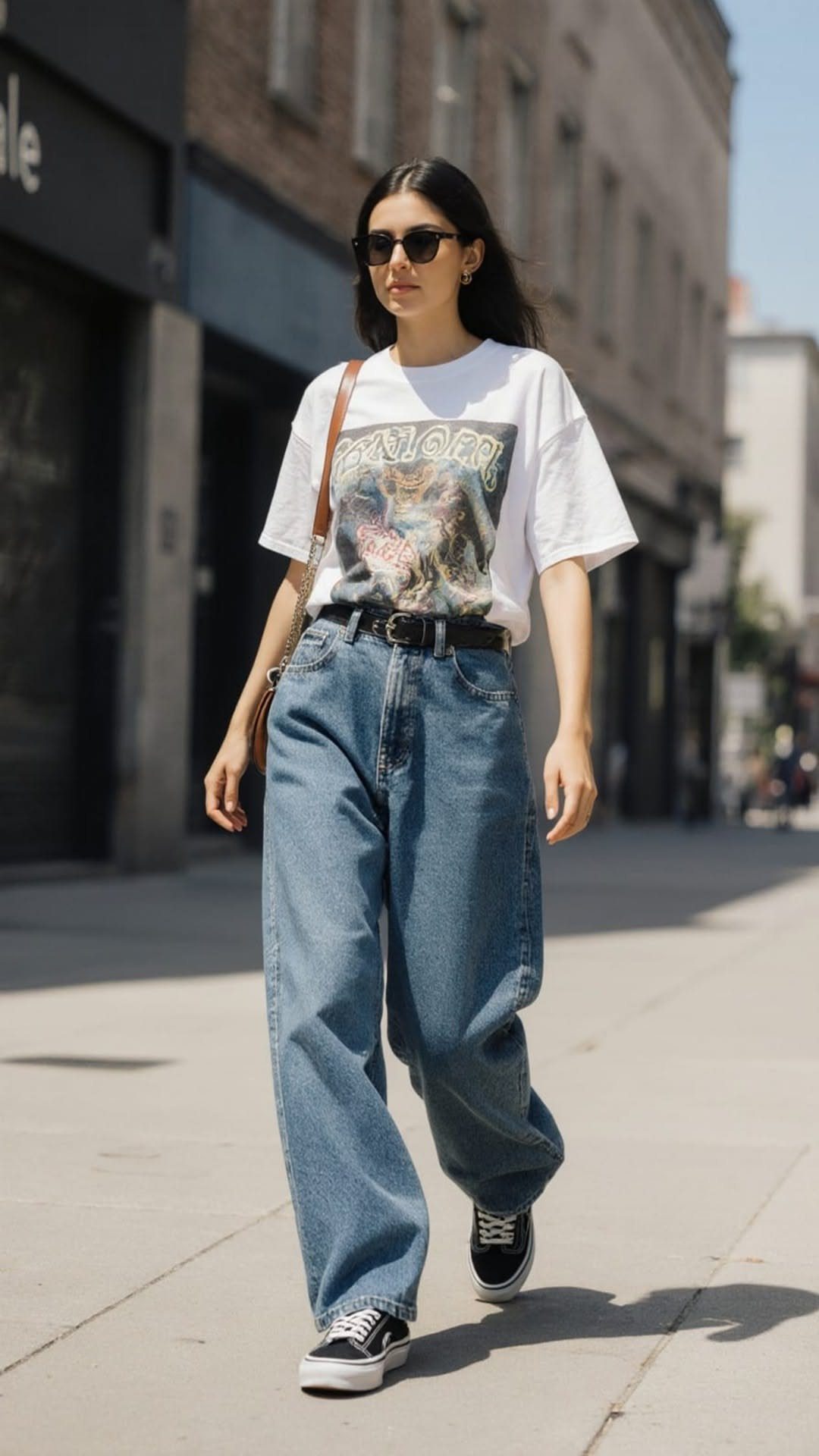 A woman walking down a city street wearing a white graphic t-shirt and wide-leg blue jeans.