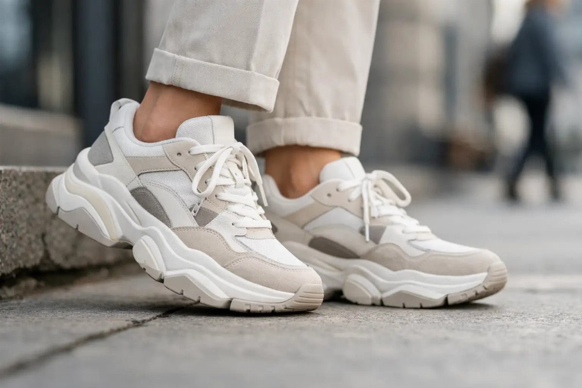 Cream and beige chunky platform sneakers worn with light beige trousers on a stone pavement.