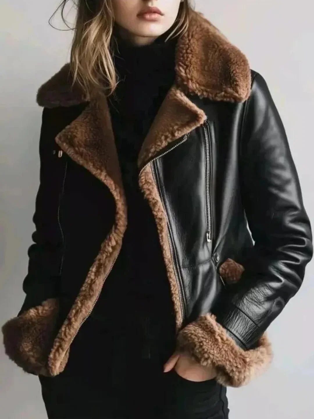 A person wearing a black leather shearling-lined aviator jacket over a black turtleneck.