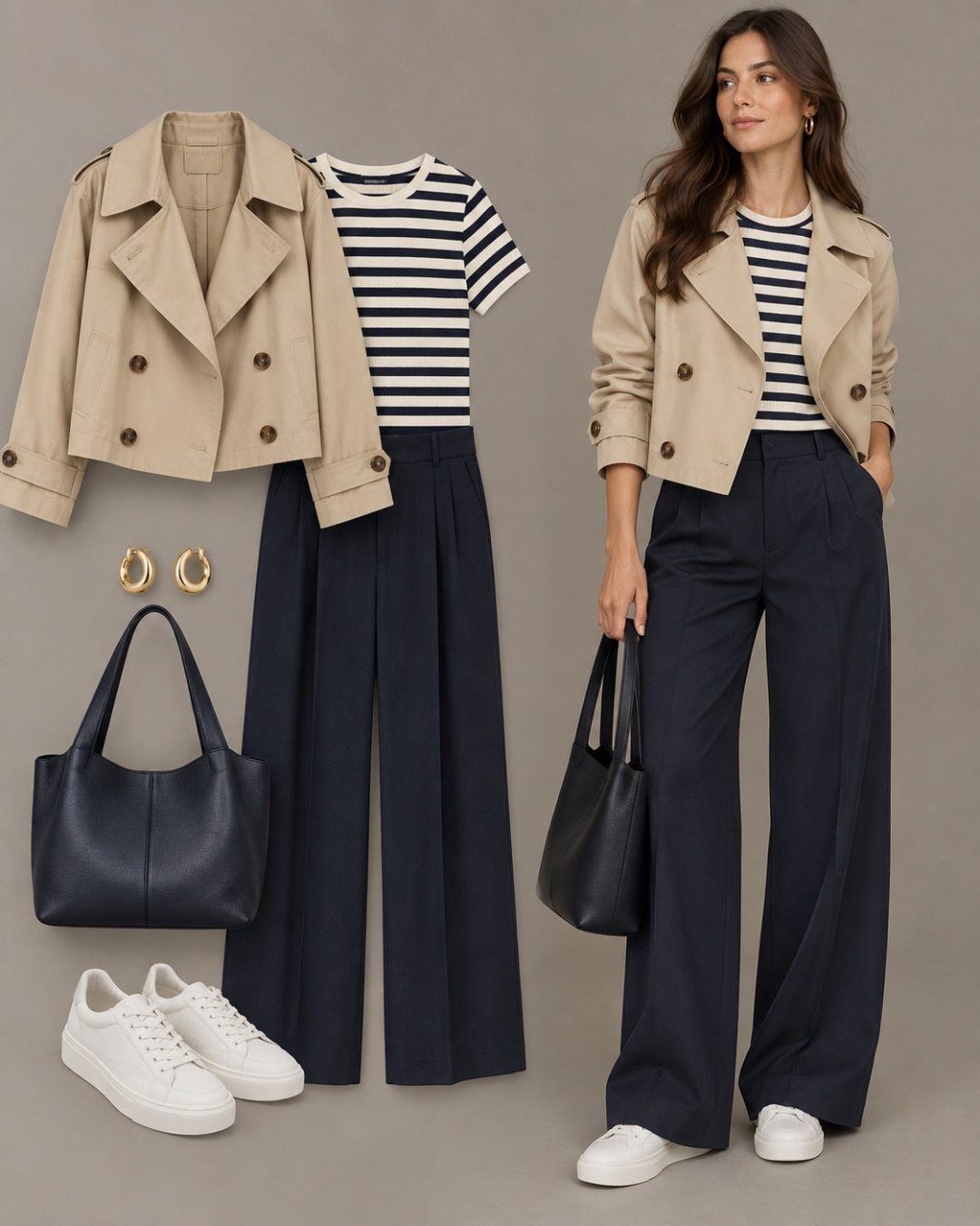 A woman wearing a tan jacket, striped shirt, and navy trousers alongside the flat-lay components.