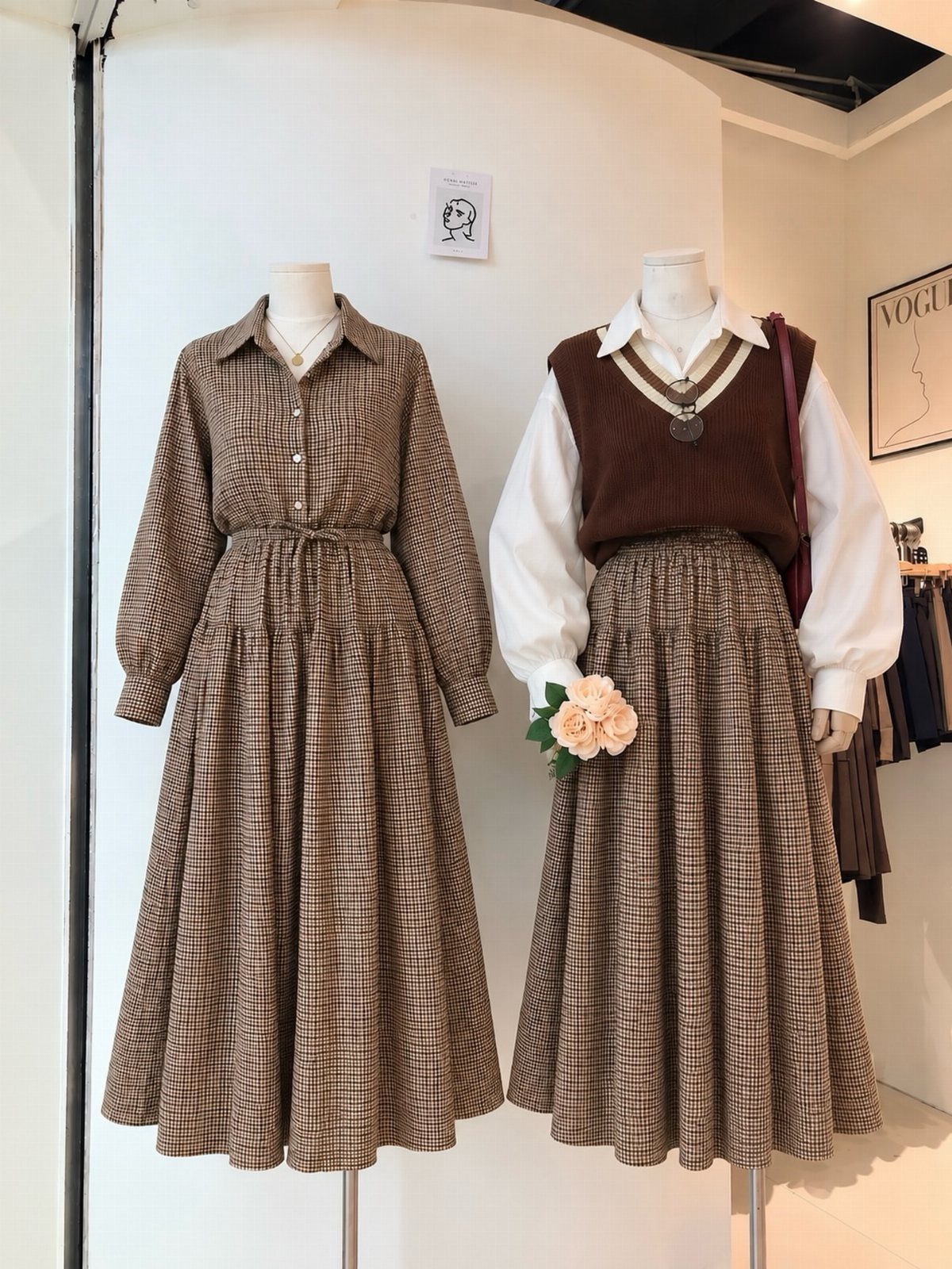 Two mannequins wearing brown and white checkered dresses, one styled with a brown sweater vest.