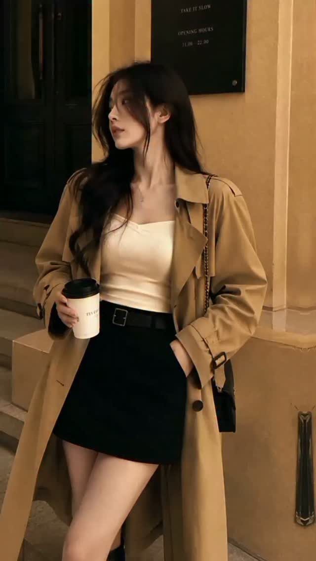 Woman wearing a long tan trench coat, white tank top, and black mini skirt outdoors.