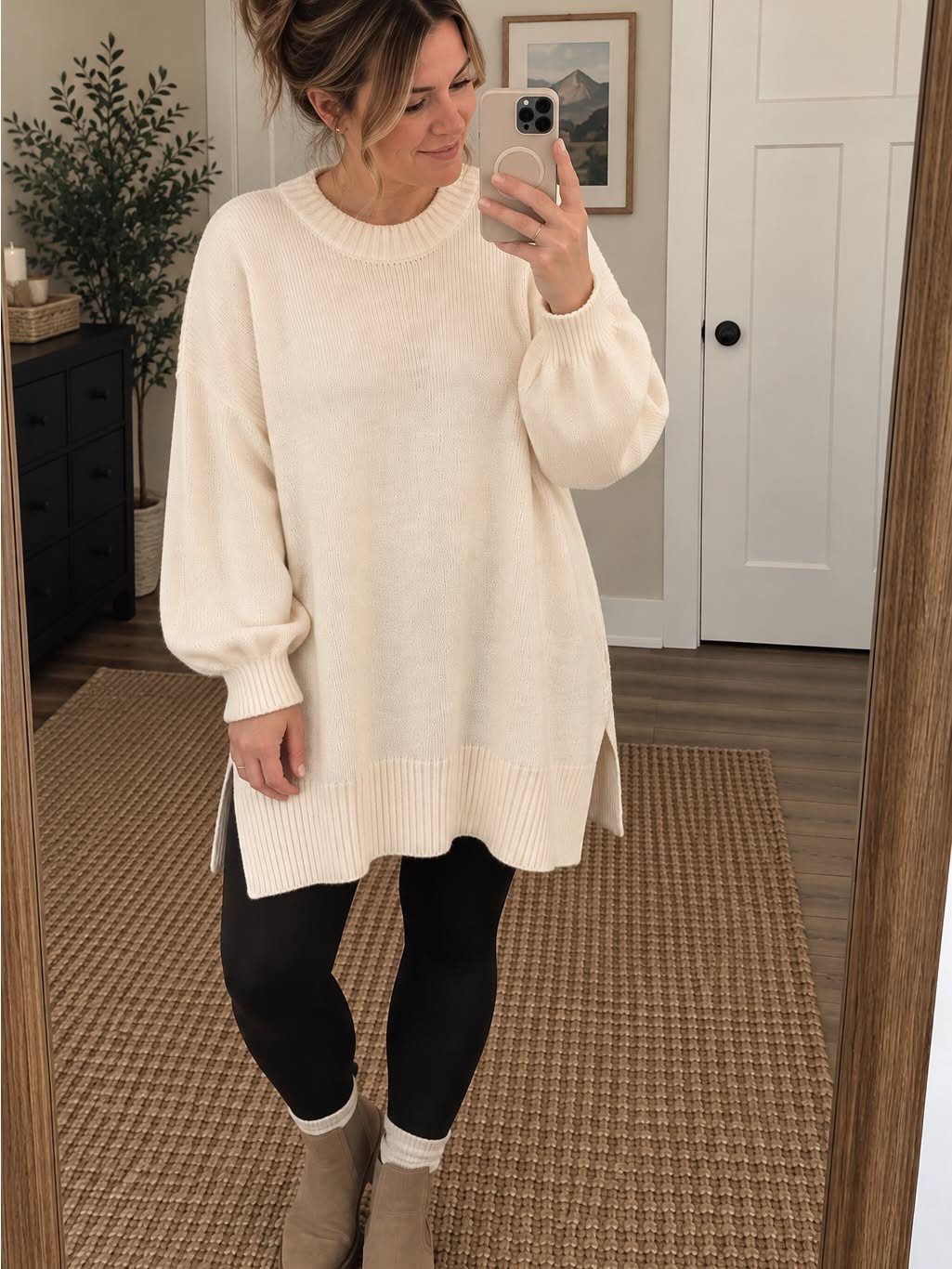 A woman posing in a mirror wearing a cream oversized sweater and black leggings.