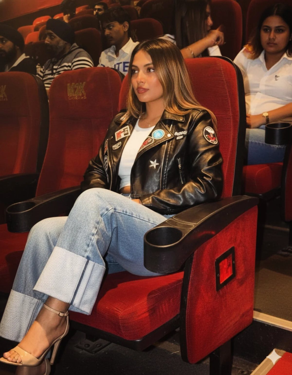 A woman wearing a black leather jacket and wide-leg jeans sitting in a red cinema seat.