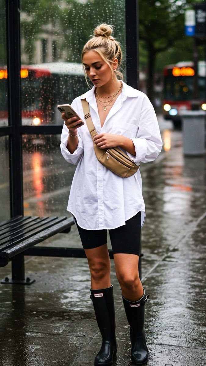 Woman in white shirt and black shorts standing at a rainy bus stop wearing rain boots.