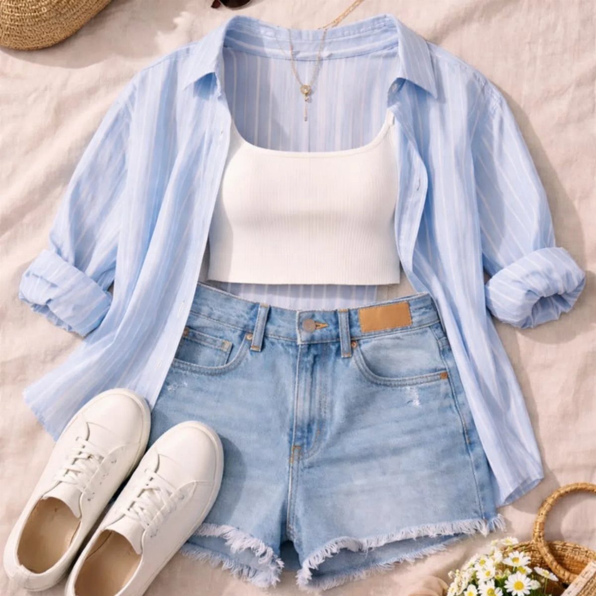 Light blue striped shirt, white tank top, and denim shorts arranged with white sneakers and daisies.