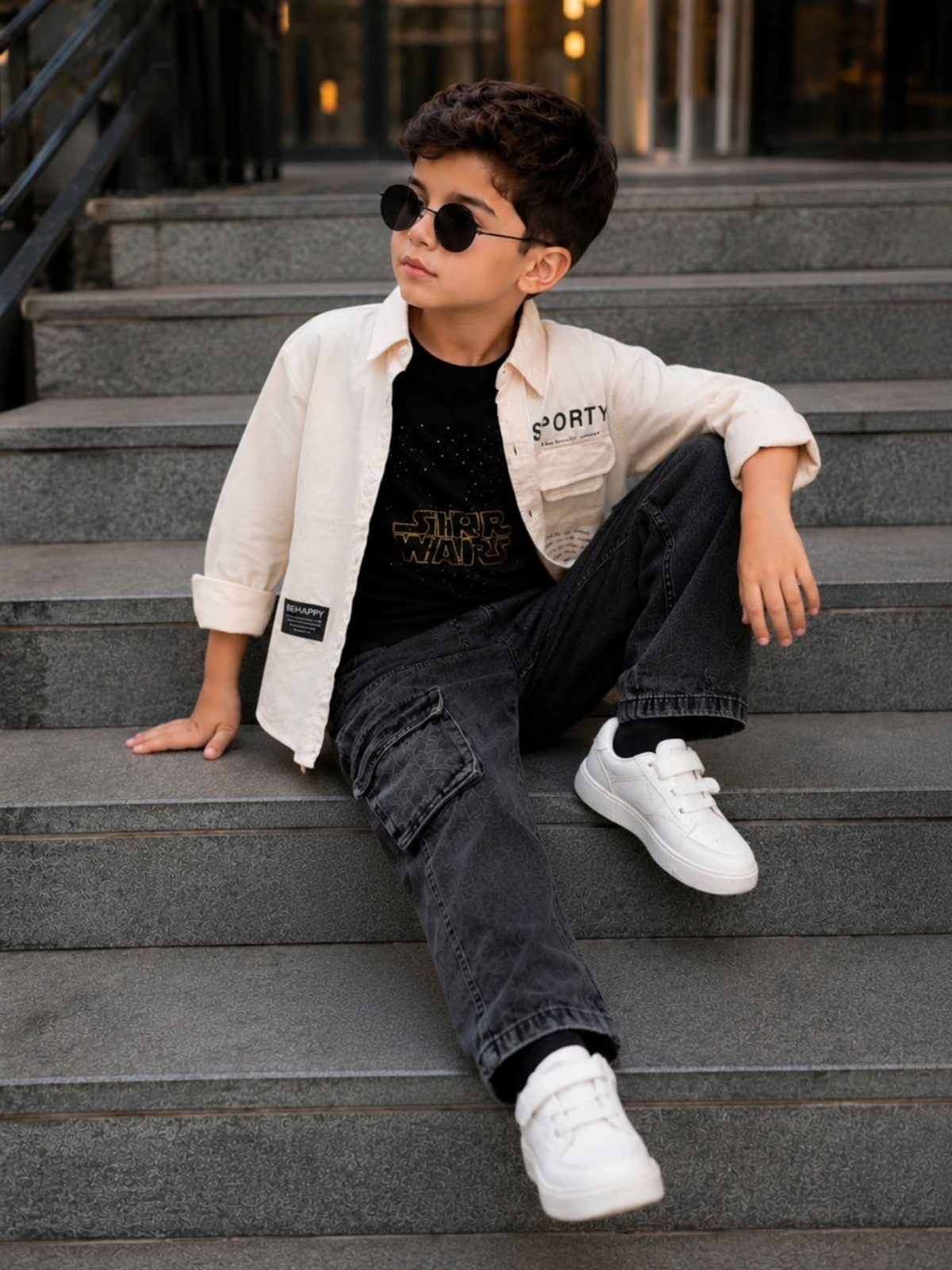 A young boy in a white shirt, black graphic tee, and dark cargo pants sitting on stairs.