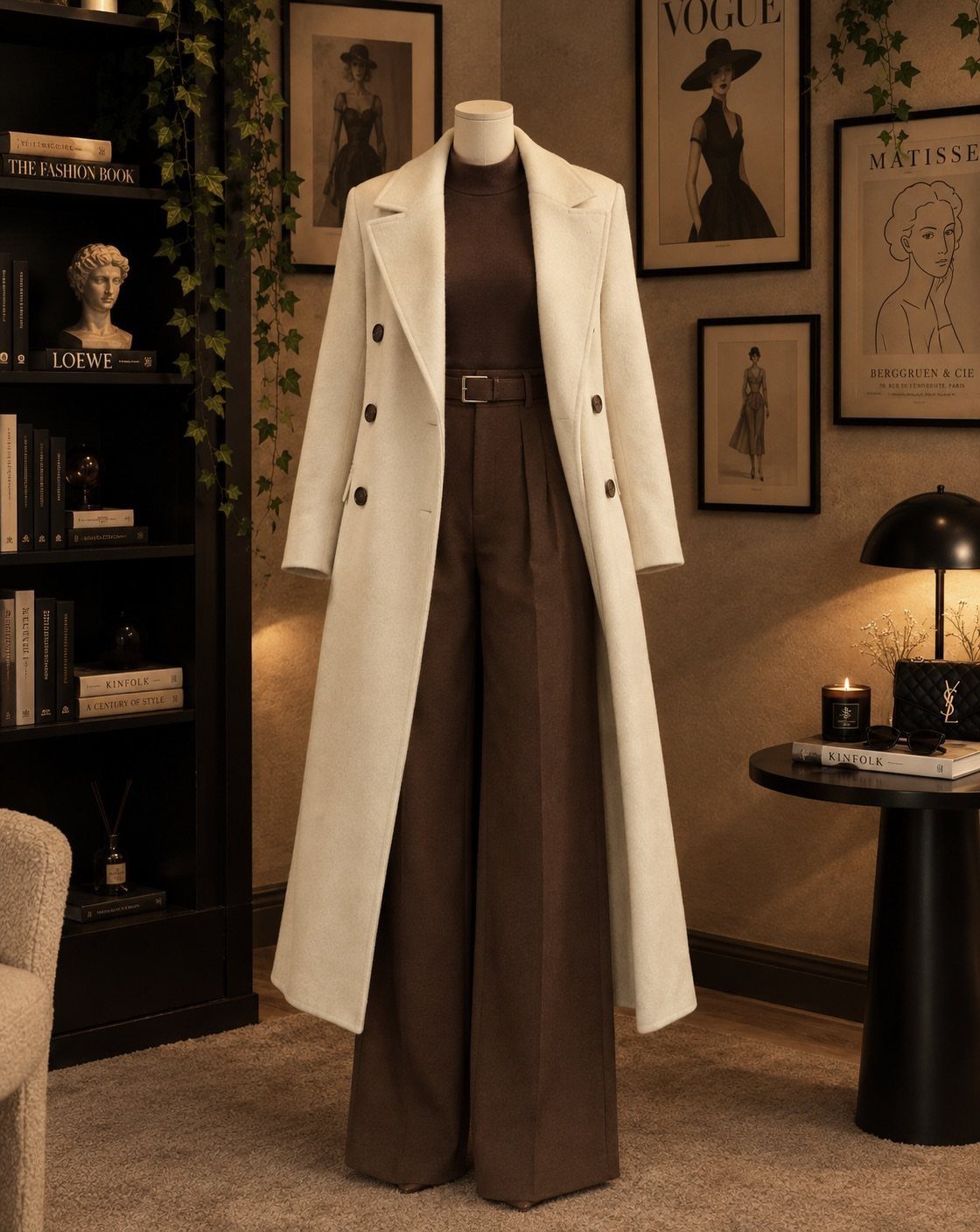 A cream long coat on a mannequin paired with brown turtleneck and wide-leg trousers.