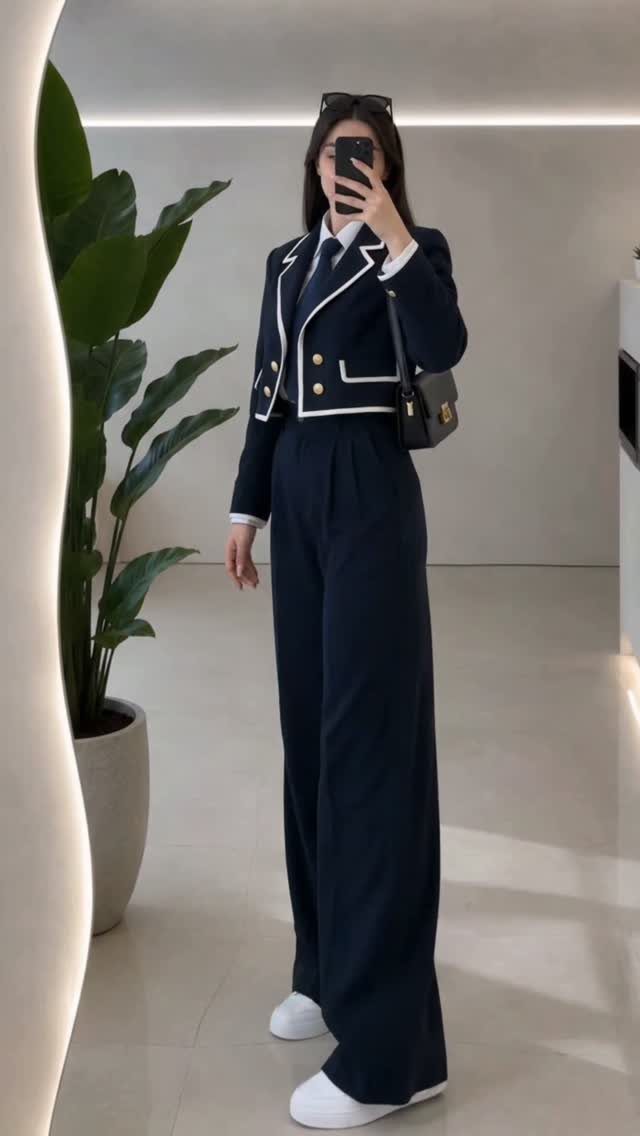 A person posing in a navy blue blazer and wide-leg tailored trousers with white accents.