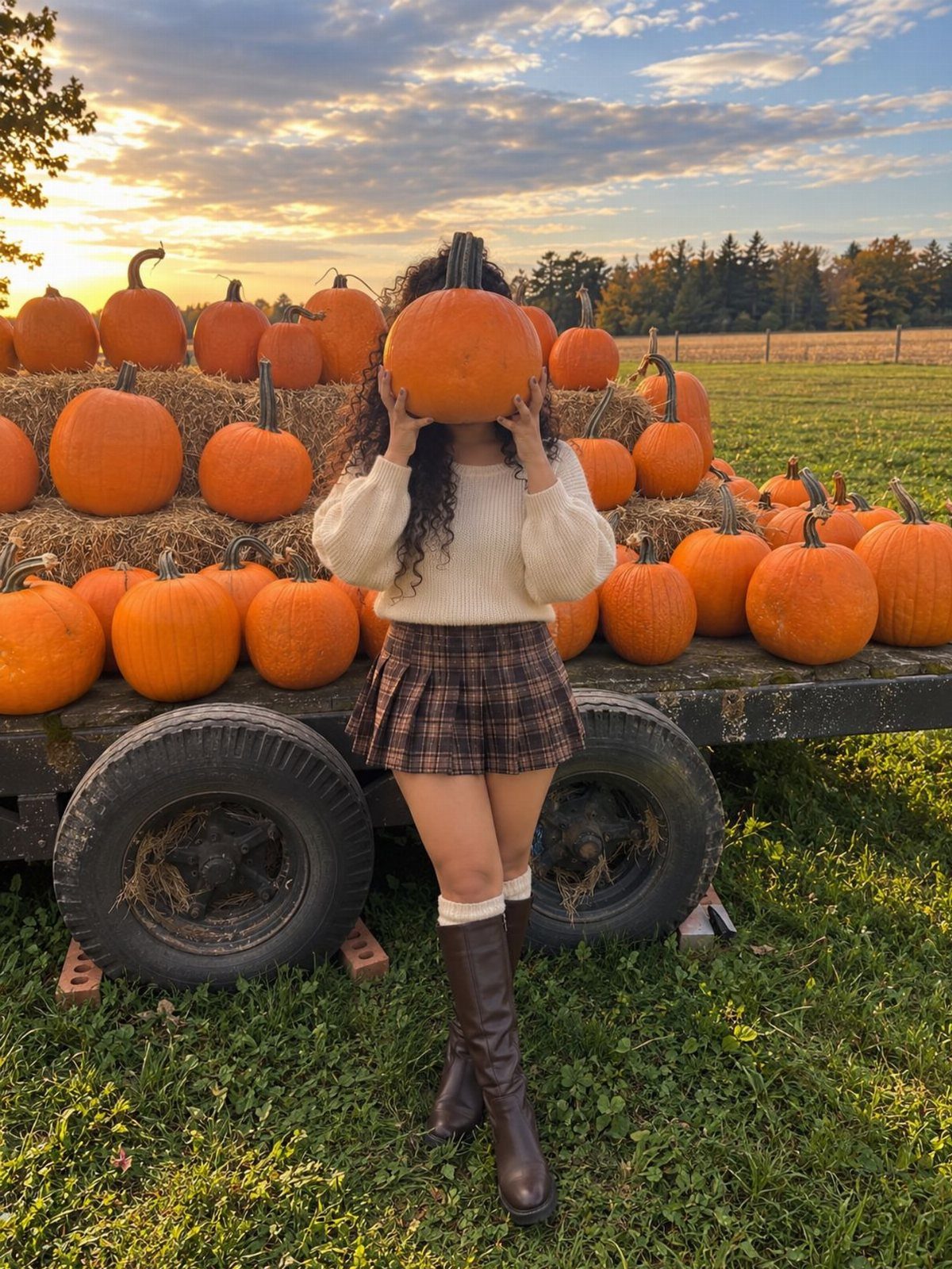 Person in a plaid pleated skirt and boots holding a pumpkin in a field.