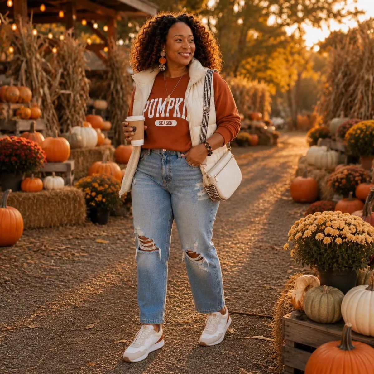 Woman wearing a white puffer vest and orange sweatshirt walking through a pumpkin patch.