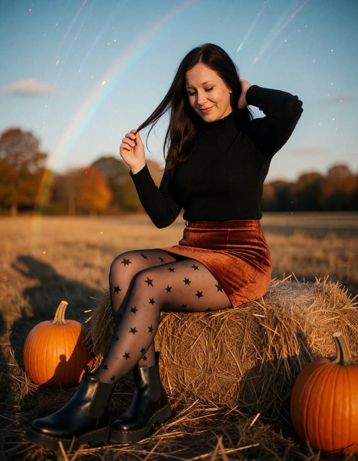 Woman wearing a velvet skirt and star-patterned tights sitting on hay near pumpkins.