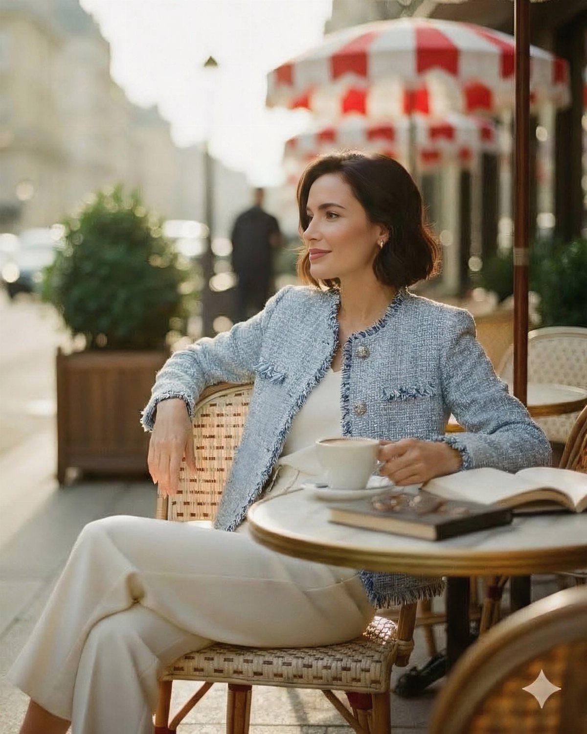 A woman in a light blue tweed jacket sits at an outdoor cafe table with coffee.