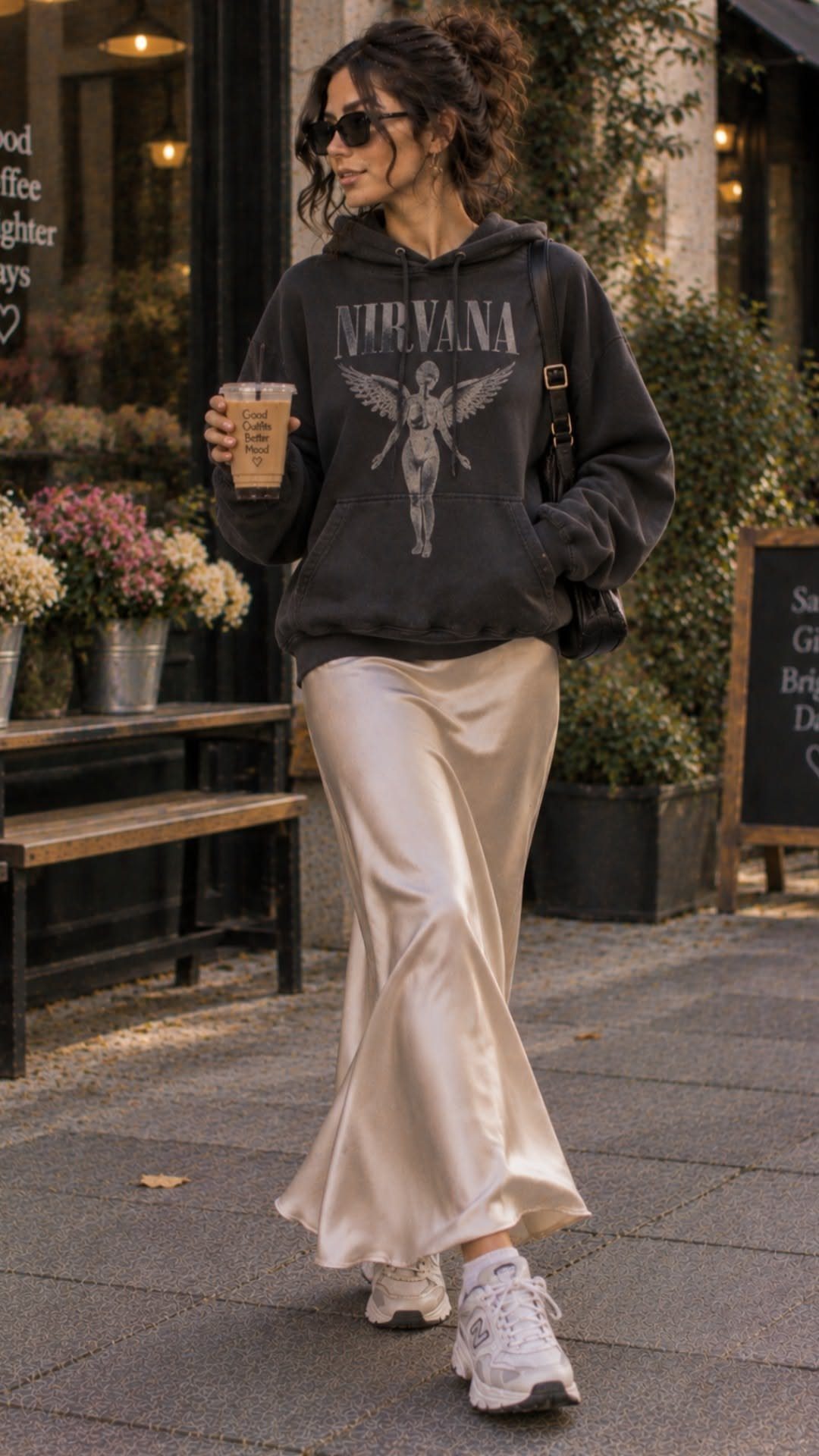 Woman walking in a city wearing a dark hoodie, satin skirt, and white chunky sneakers.