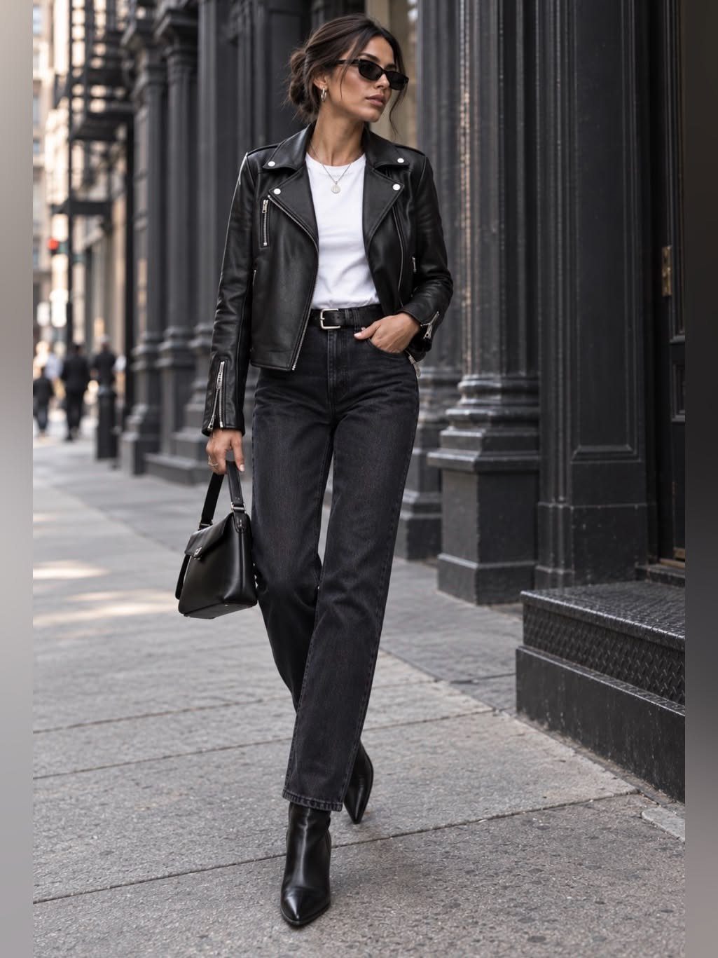 A woman in a black leather moto jacket and black jeans walking on a city street.