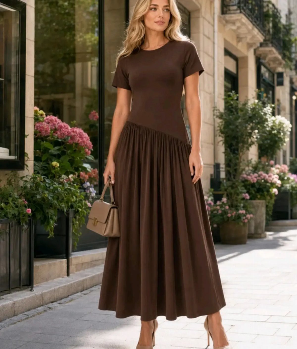 A woman in a long brown asymmetrical dress posing on a sunny city street.