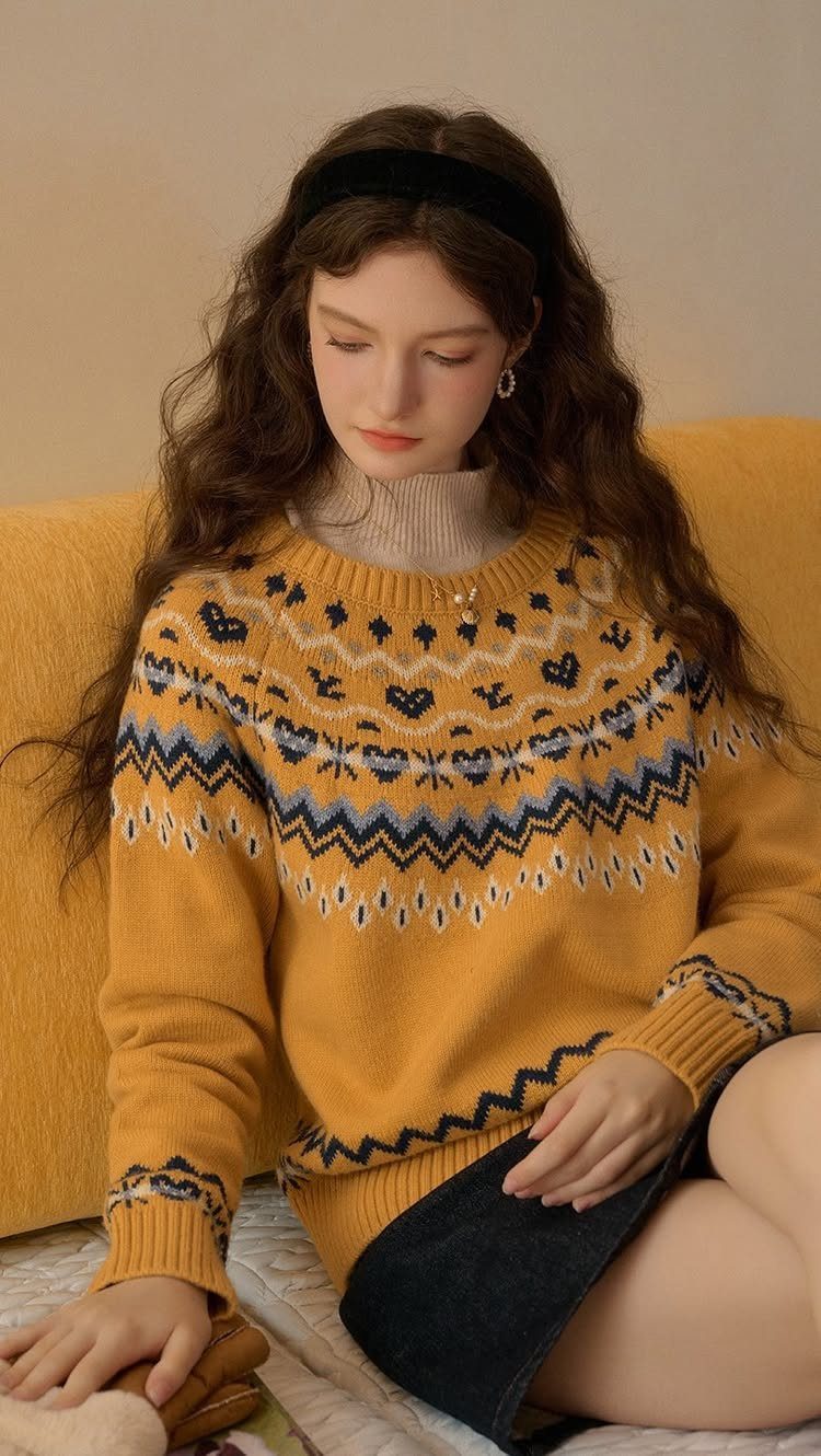A woman wearing a mustard yellow Fair Isle patterned sweater while sitting on a yellow sofa.