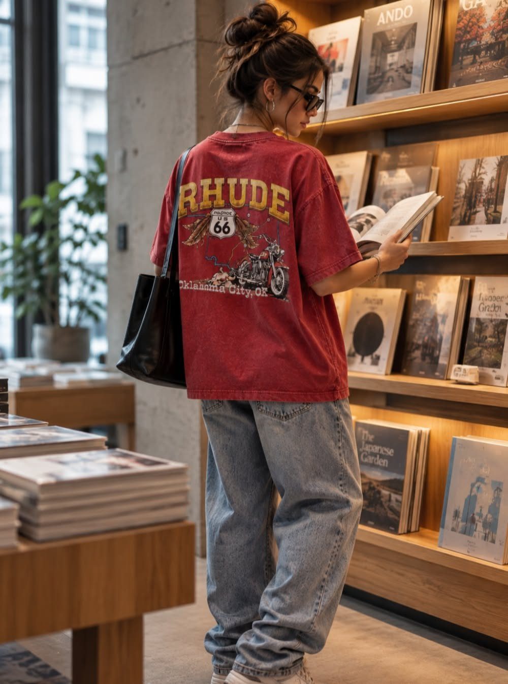 Woman in a red graphic t-shirt and baggy jeans browsing books in a shop.