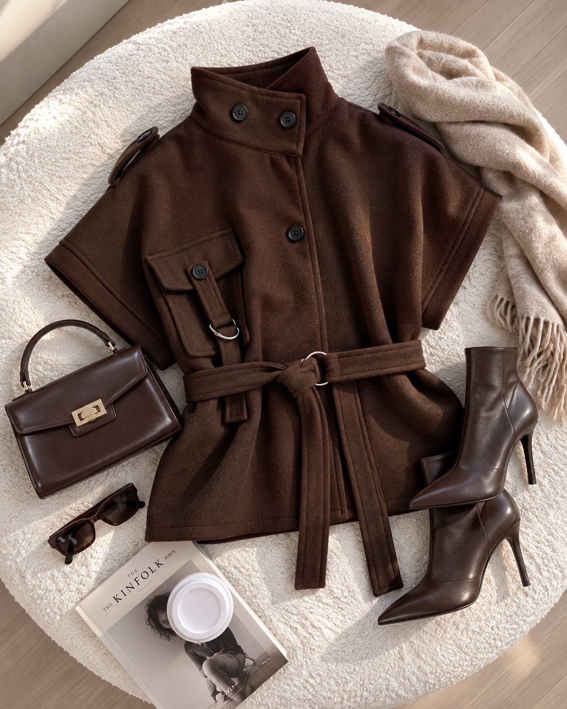 Brown belted wool garment arranged with matching handbag, boots, sunglasses, and scarf on a white rug.