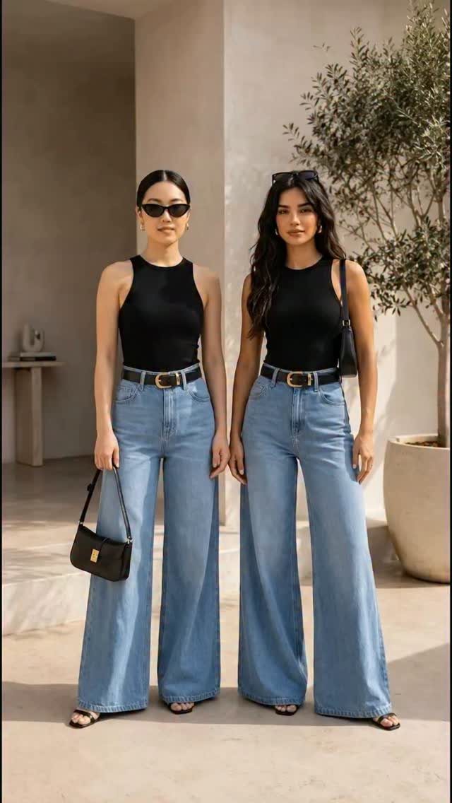Two women posing in black fitted tank tops and light blue wide leg jeans.