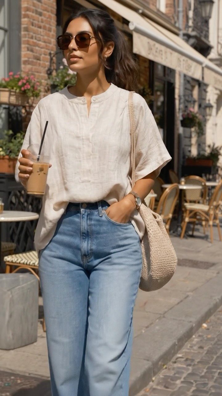 Woman wearing a beige linen blouse and light blue wide leg jeans walking outdoors.