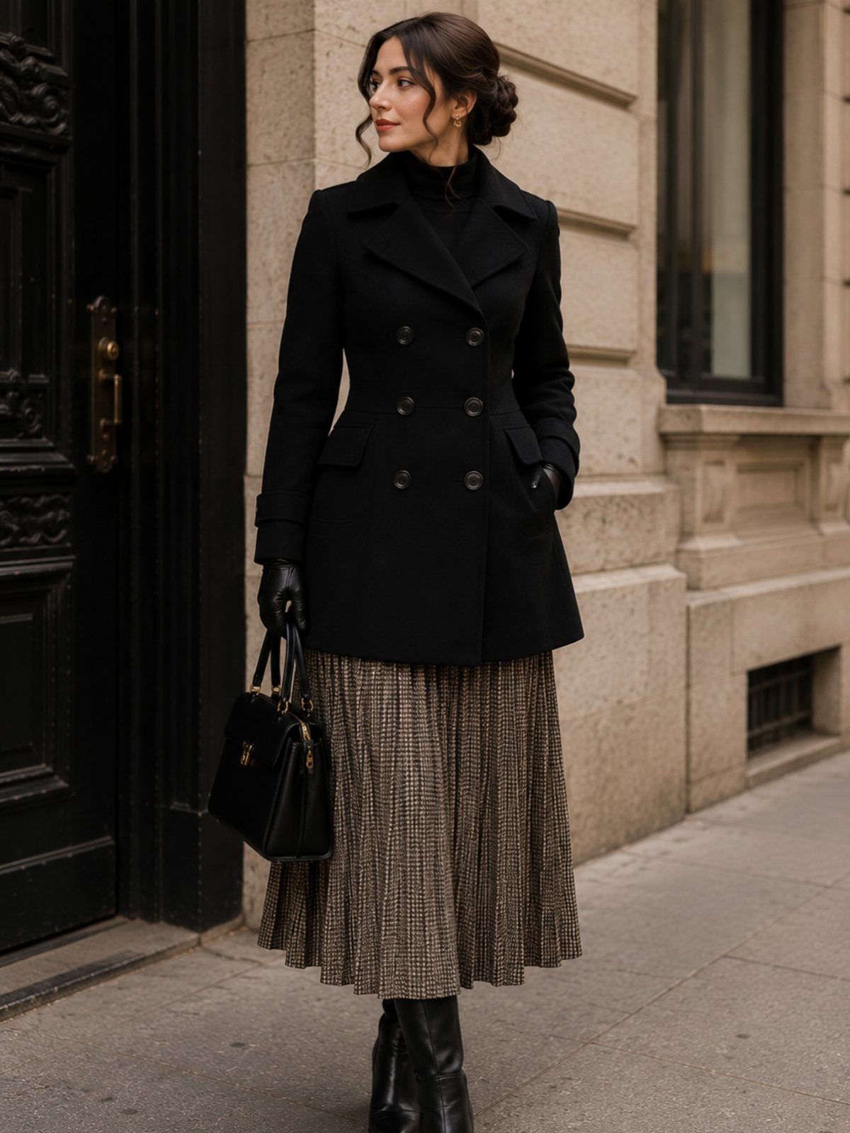 A woman wearing a black wool coat, patterned pleated skirt, and black boots standing outdoors.