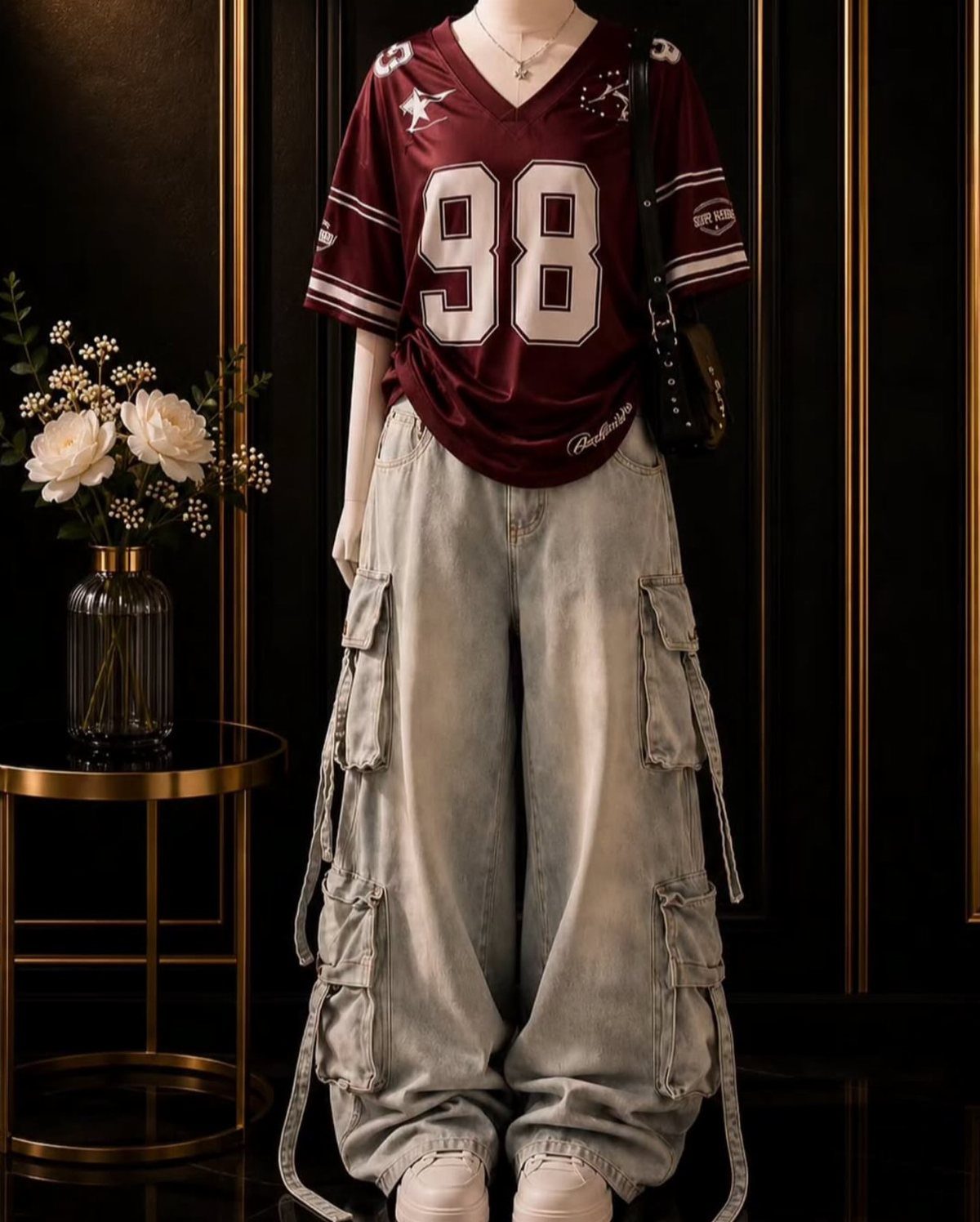 Mannequin wearing a maroon jersey and baggy light wash denim cargo pants with hanging straps.